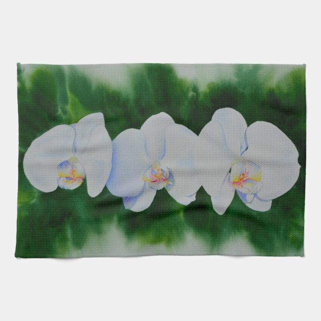 Elegant tropical white watercolor orchid painting  tea towel (Horizontal)