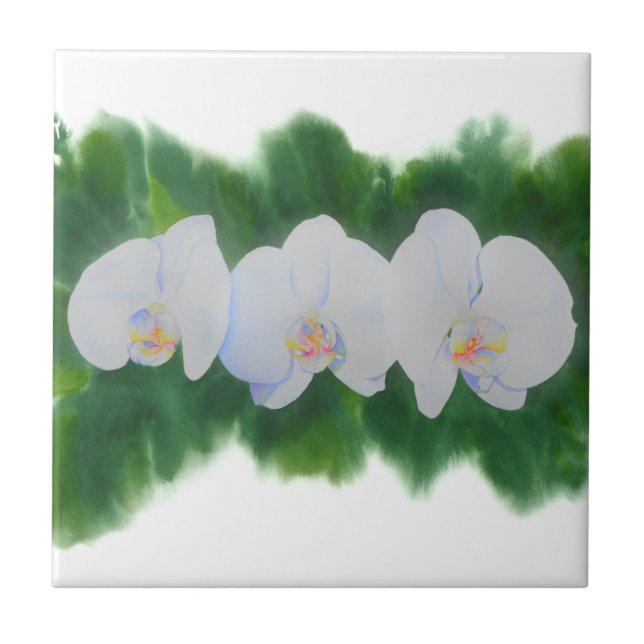 Elegant tropical white watercolor orchid painting  tile (Front)