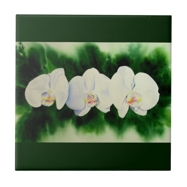 Elegant tropical white watercolor orchid painting  tile (Front)