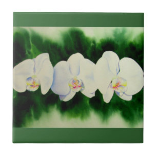 Elegant tropical white watercolor orchid painting tile