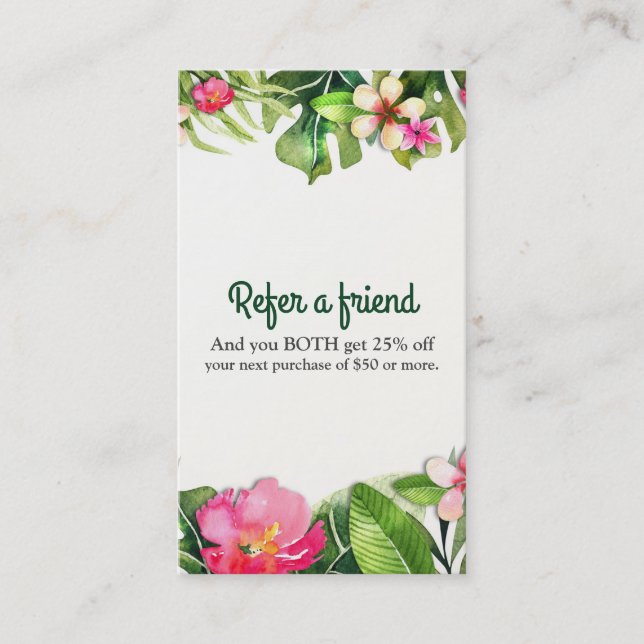Elegant Tropics Green Leaves Floral Refer a Friend Referral Card (Front)