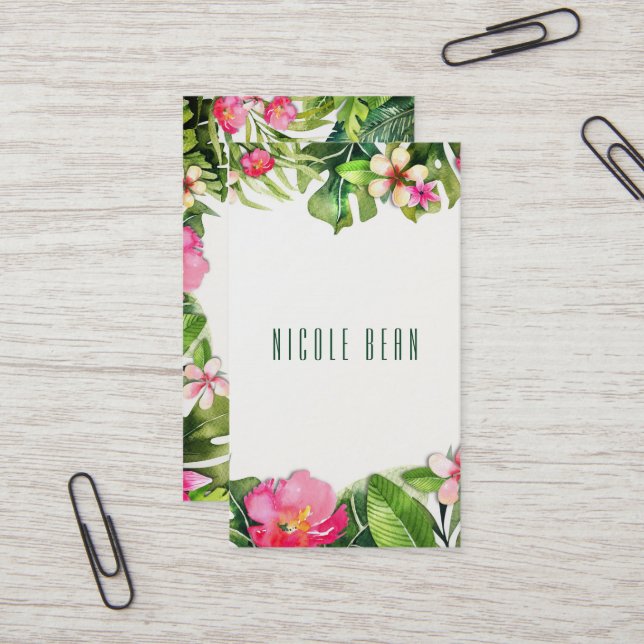 Elegant Tropics Green Leaves Floral Watercolor Business Card (Front/Back In Situ)