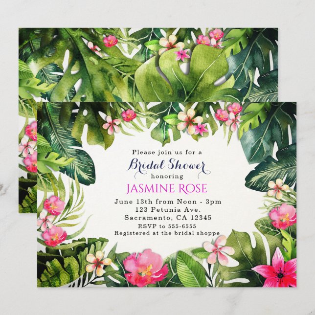 Elegant Tropics Green Leaves Floral Watercolor Invitation (Front/Back)