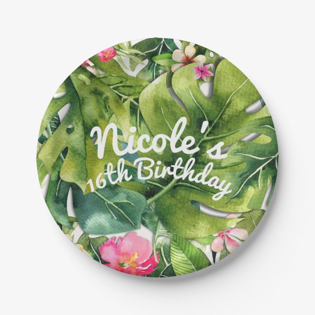 Elegant Tropics Green Leaves Floral Watercolor Paper Plate (Front)
