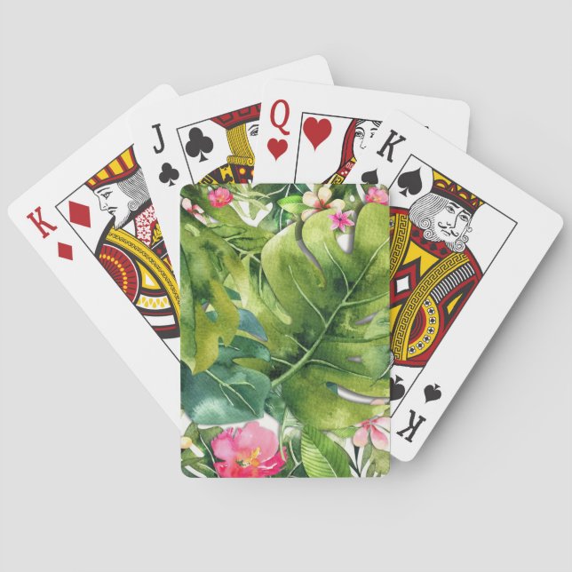Elegant Tropics Green Leaves Floral Watercolor Playing Cards (Back)