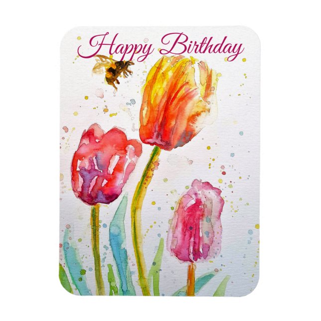 Elegant Tulip and Bee Watercolour Birthday Card Magnet (Vertical)