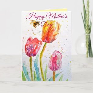 Elegant Tulip and Bee Watercolour Mothers Day Card
