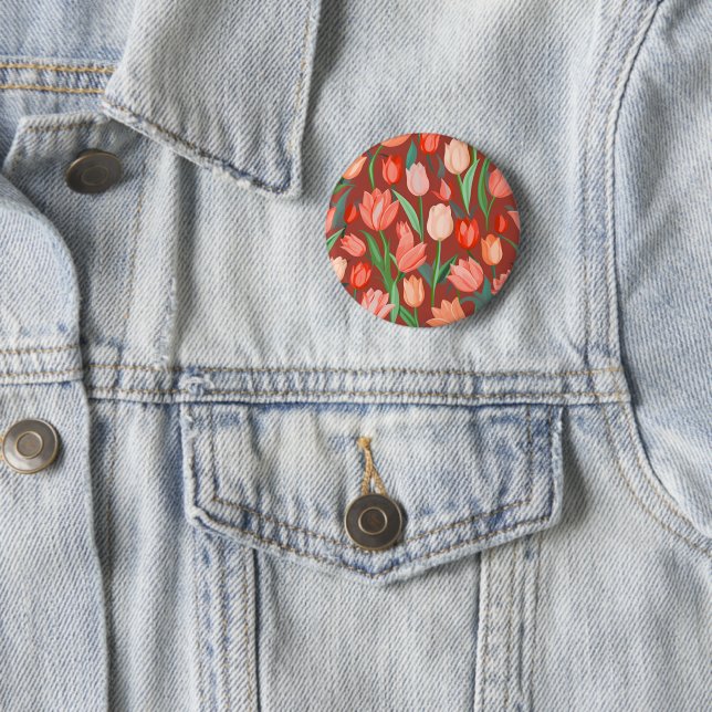 Elegant Tulip Floral Pattern – Red & Peach Spring  6 Cm Round Badge (In Situ)