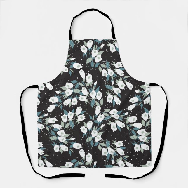 Elegant Tulip Flower Pattern Black Background Apron (Front)