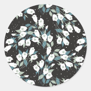 Elegant Tulip Flower Pattern Black Background Classic Round Sticker