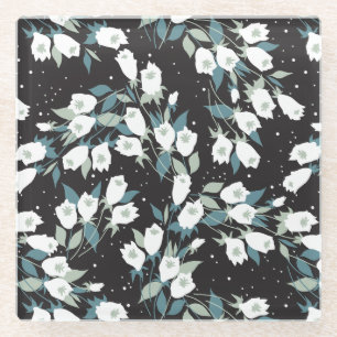 Elegant Tulip Flower Pattern Black Background Glass Coaster