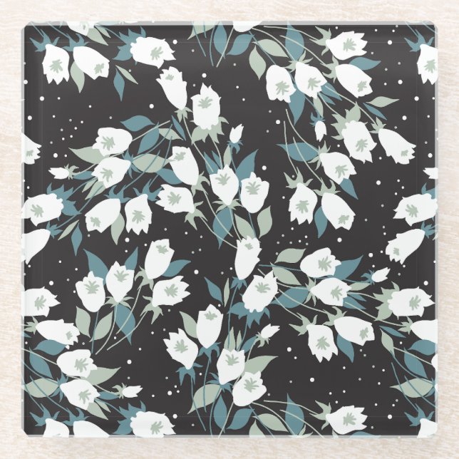 Elegant Tulip Flower Pattern Black Background Glass Coaster (Front)