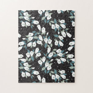 Elegant Tulip Flower Pattern Black Background Jigsaw Puzzle