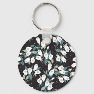 Elegant Tulip Flower Pattern Black Background Key Ring