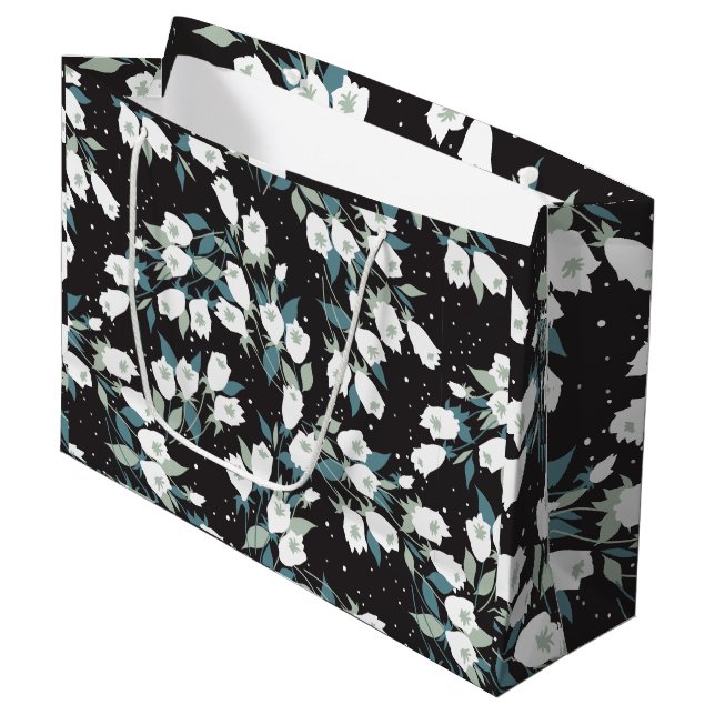 Elegant Tulip Flower Pattern Black Background Large Gift Bag (Front Angled)