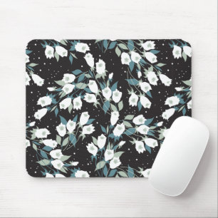 Elegant Tulip Flower Pattern Black Background Mouse Mat