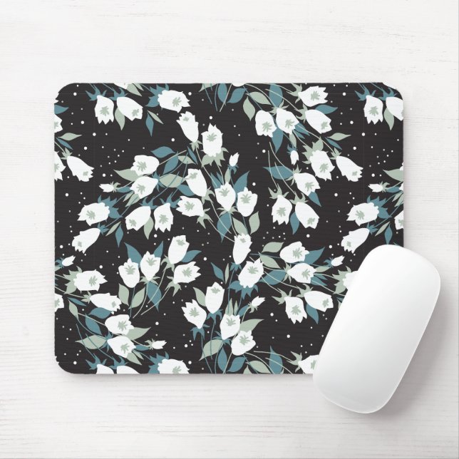 Elegant Tulip Flower Pattern Black Background Mouse Mat (With Mouse)
