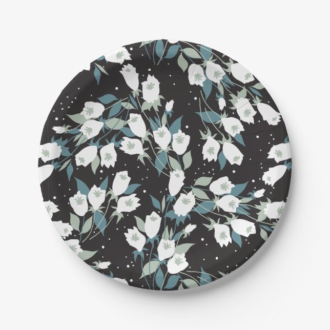 Elegant Tulip Flower Pattern Black Background Paper Plate (Front)