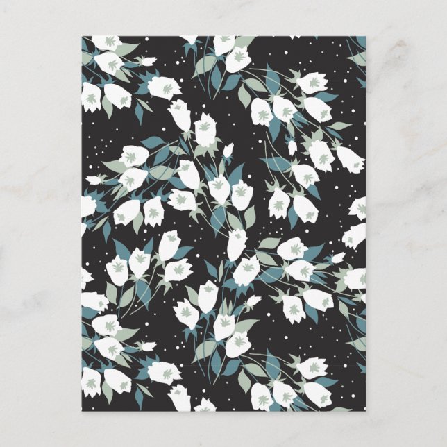 Elegant Tulip Flower Pattern Black Background Postcard (Front)