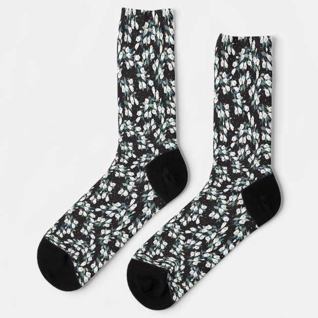 Elegant Tulip Flower Pattern Black Background Socks (Left)