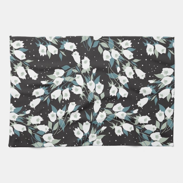 Elegant Tulip Flower Pattern Black Background Tea Towel (Horizontal)