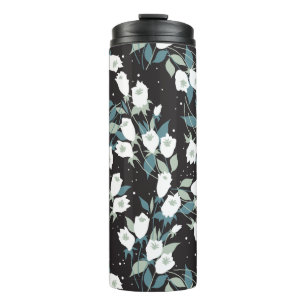 Elegant Tulip Flower Pattern Black Background Thermal Tumbler