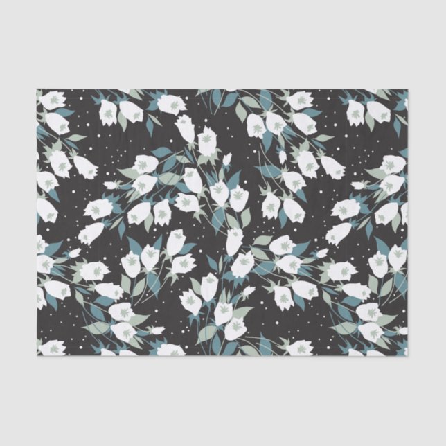 Elegant Tulip Flower Pattern Black Background Tissue Paper (Front)