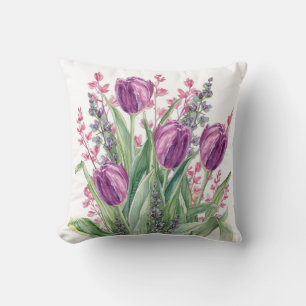 Elegant Tulip Flowers Pattern,Purple Stripes Cushion