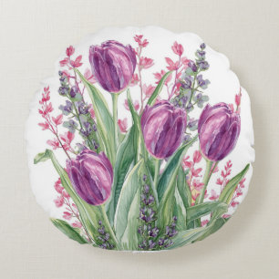 Elegant Tulip Flowers Pattern,Purple Stripes Round Cushion