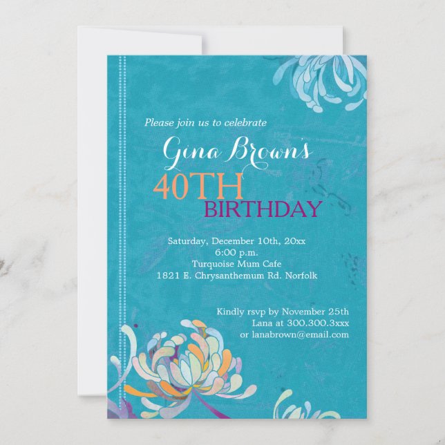 Elegant Turquoise 40th Birthday Party Invitation (Front)
