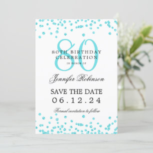Elegant Turquoise 80th Birthday Save Date Details  Invitation