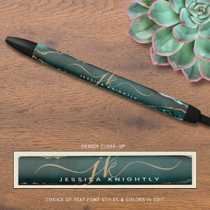 Elegant Turquoise Agate Gold Script Monogram Name Black Ink Pen