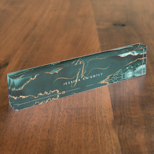 Elegant Turquoise Agate Gold Script Monogram Name Nameplate