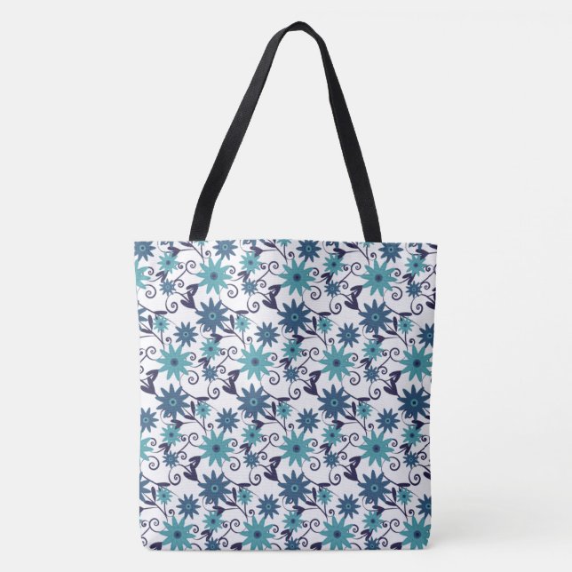 Elegant  turquoise and blue flowers tote bag (Front)