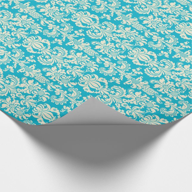 Elegant Turquoise And Cream Floral Damasks Wrapping Paper (Corner)
