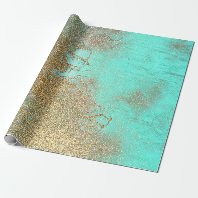 Elegant Turquoise and Faux Gold Glitter Marble Wrapping Paper (Unrolled)