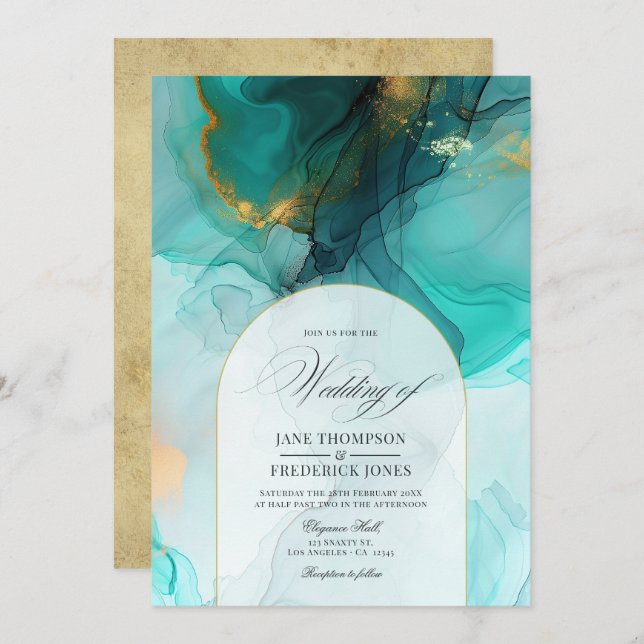 Elegant Turquoise and Gold Flowing Ink Wedding Invitation (Front/Back)