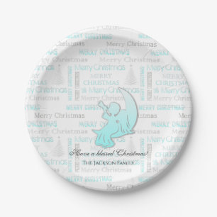 Elegant Turquoise and Silver Christmas Typography Paper Plate
