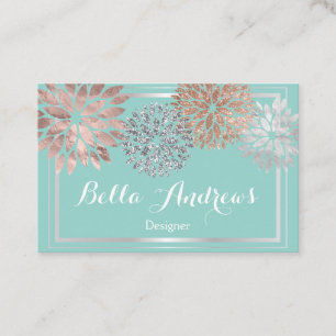 Elegant Turquoise and Silver Dahlia Flower Design Business Card