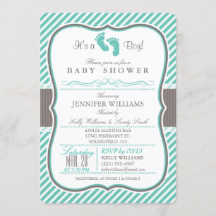 Elegant Turquoise and Taupe Baby Feet Baby Shower Invitation