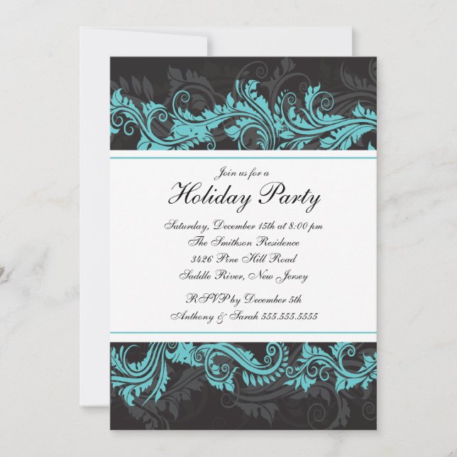 Elegant Turquoise Black Christmas Party Invitation (Front)