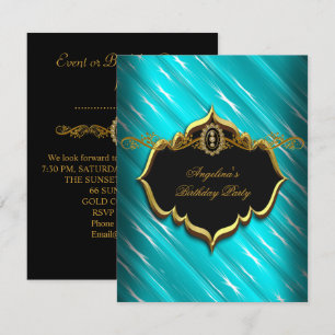 Elegant Turquoise Black Gold Blue Birthday Party Invitation