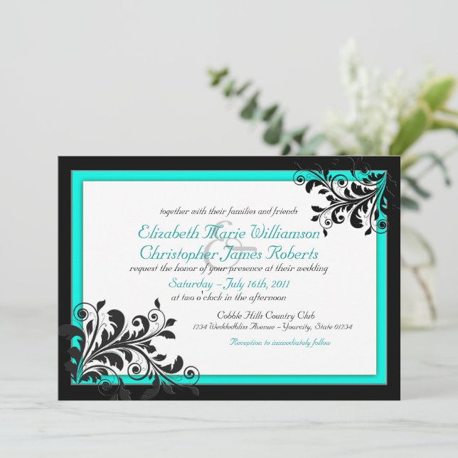 Elegant Turquoise|Black Wedding Invitation (Standing Front)