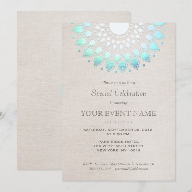Elegant Turquoise Blue Beige Linen Look Invitation (Front/Back)