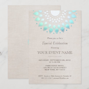 Elegant Turquoise Blue Beige Linen Look Invitation