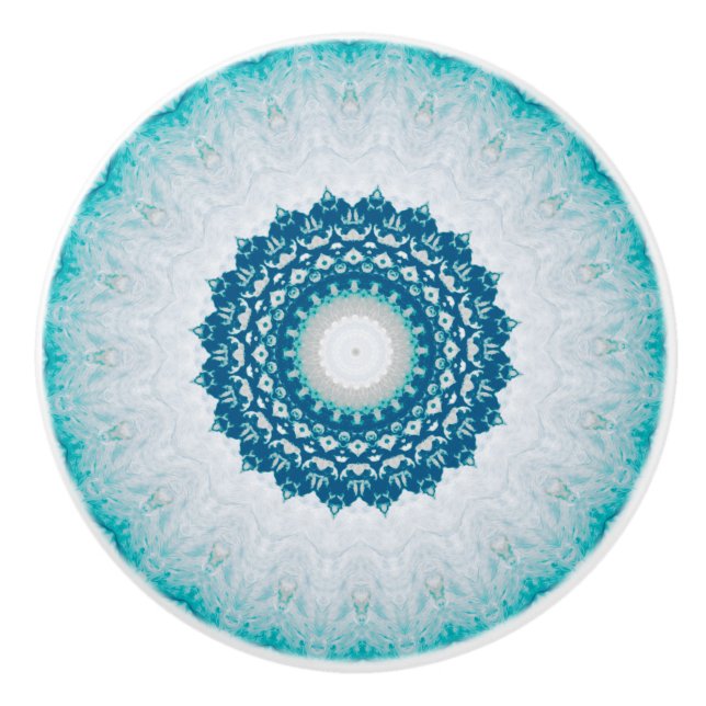 Elegant Turquoise Blue Floral Mandala Ceramic Knob (Front)