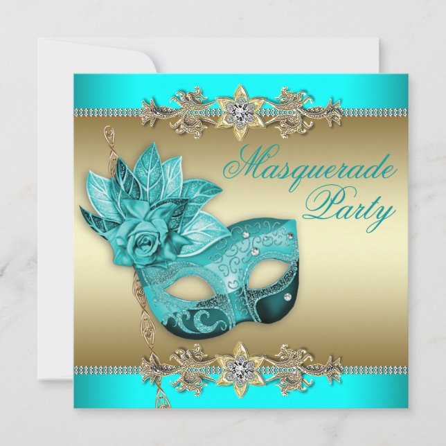 Elegant Turquoise Blue Masquerade Party Invitation (Front)