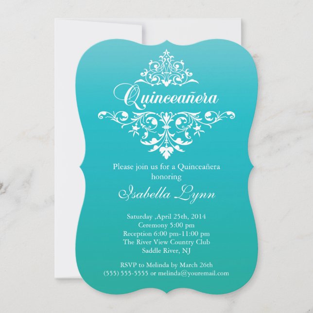 Elegant Turquoise Blue Ombre Quinceañera Party Invitation (Front)