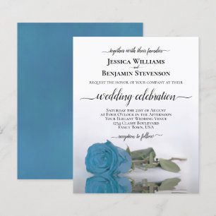 Elegant Turquoise Blue Rose BUDGET Wedding Invite