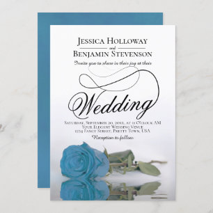 Elegant Turquoise Blue Rose Classy Script Wedding Invitation